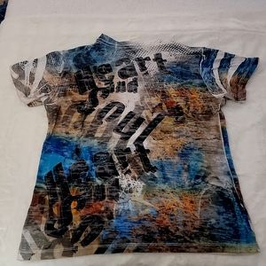 T2 pistol Pete mesh tattoo print graphic t-shirt, size small, blue multi-color